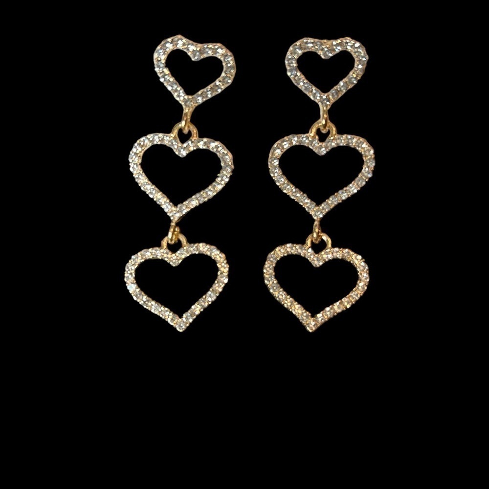 Heart Trio Rhinestone Goldtone Pierced Post Drop Earrings - Picture 3 of 8